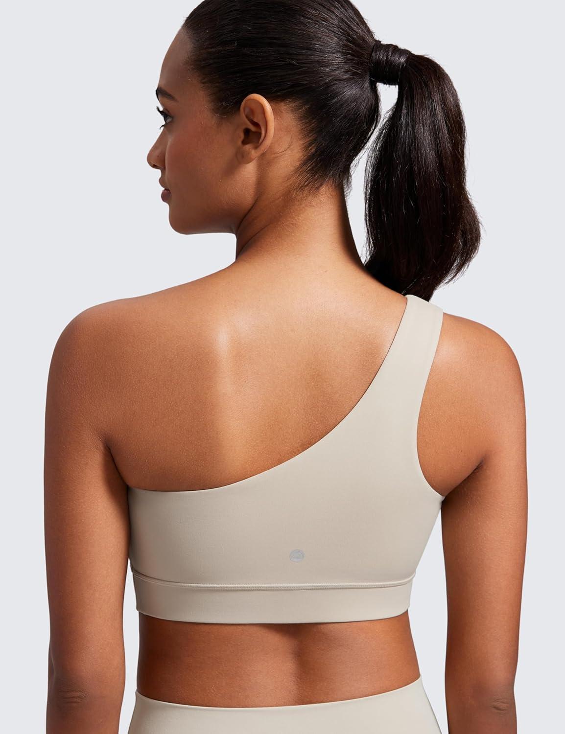 imageCRZ YOGA Butterluxe One Shoulder Sports Bras for Women Sleeveless One Strap Low Impact Asymmetrical Workout Yoga TopsMojave Tan