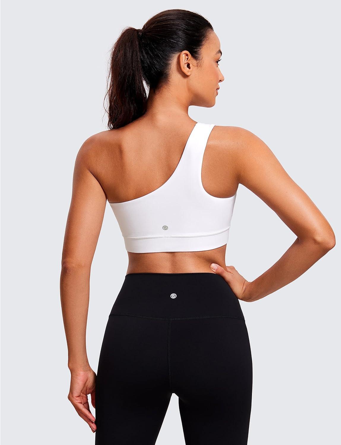 imageCRZ YOGA Butterluxe One Shoulder Sports Bras for Women Sleeveless One Strap Low Impact Asymmetrical Workout Yoga TopsWhite