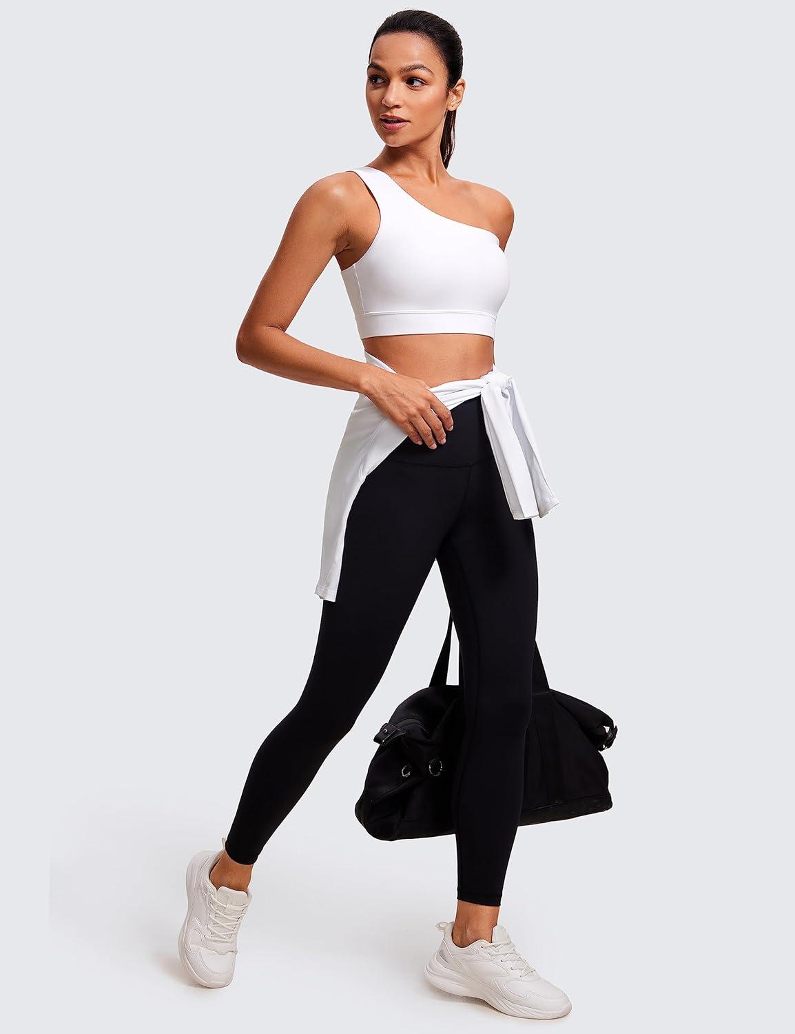 imageCRZ YOGA Butterluxe One Shoulder Sports Bras for Women Sleeveless One Strap Low Impact Asymmetrical Workout Yoga TopsWhite