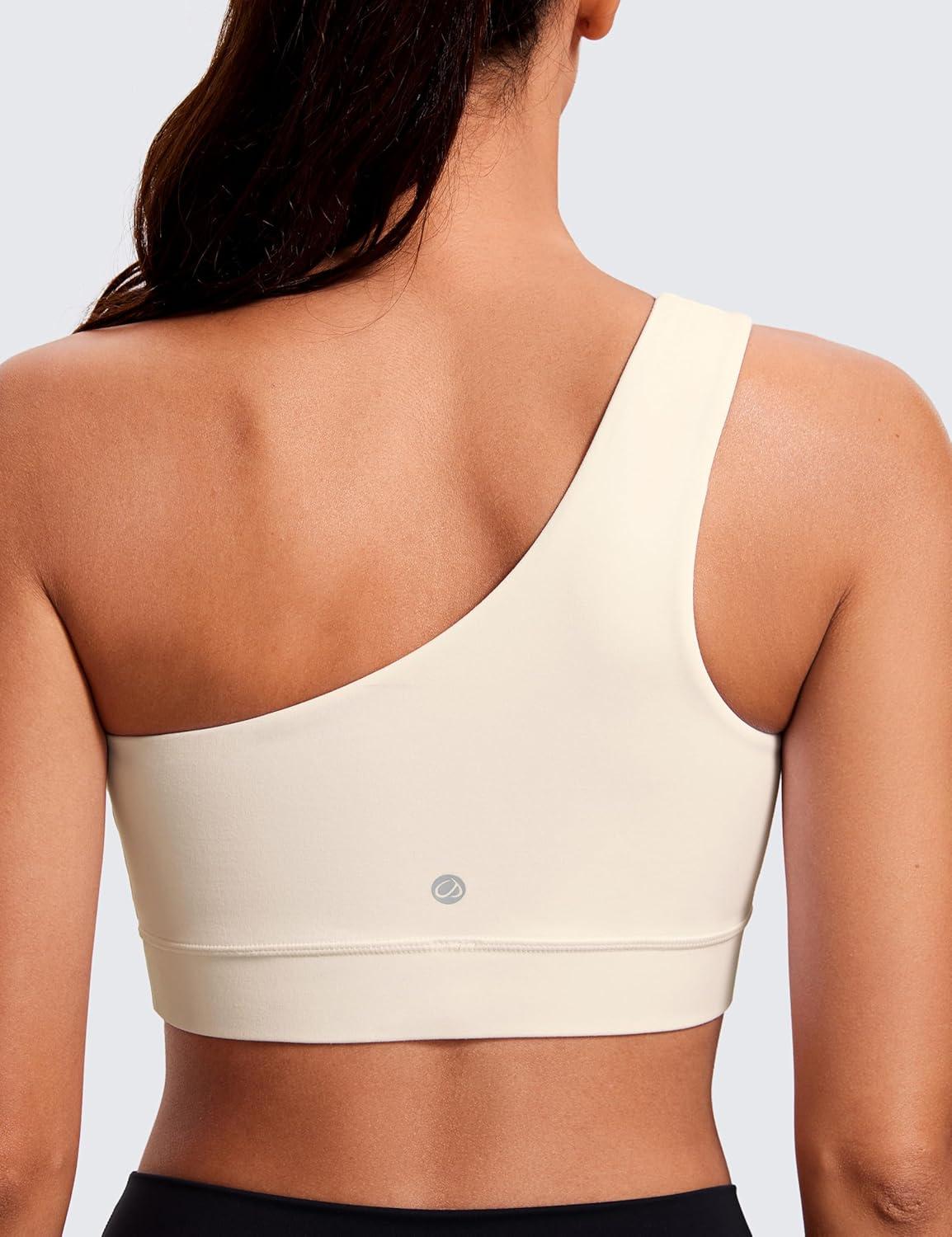 imageCRZ YOGA Butterluxe One Shoulder Sports Bras for Women Sleeveless One Strap Low Impact Asymmetrical Workout Yoga TopsWhite Apricot