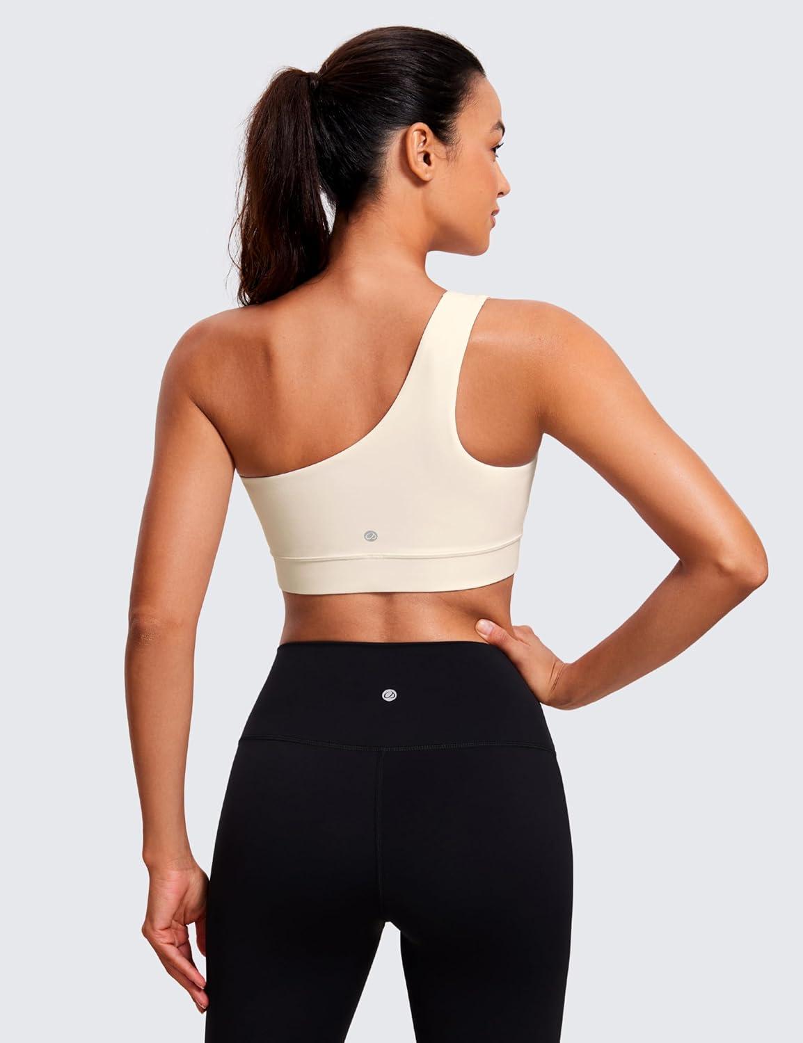 imageCRZ YOGA Butterluxe One Shoulder Sports Bras for Women Sleeveless One Strap Low Impact Asymmetrical Workout Yoga TopsWhite Apricot