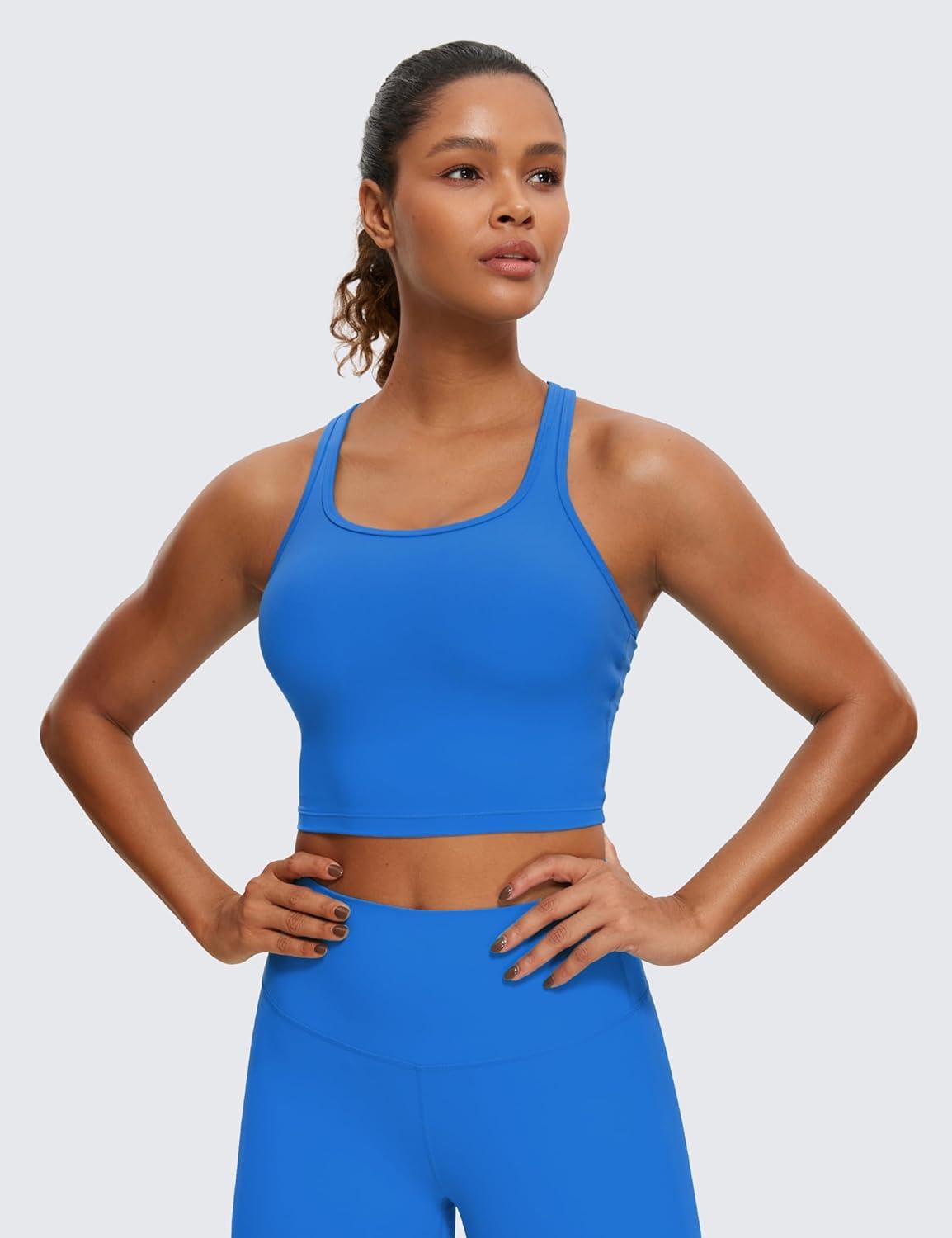 imageCRZ YOGA Butterluxe Racerback Crop Tank Tops for Women Padded YBack Longline Sports Bras Scoop Neck Workout YogaSparkle Blue