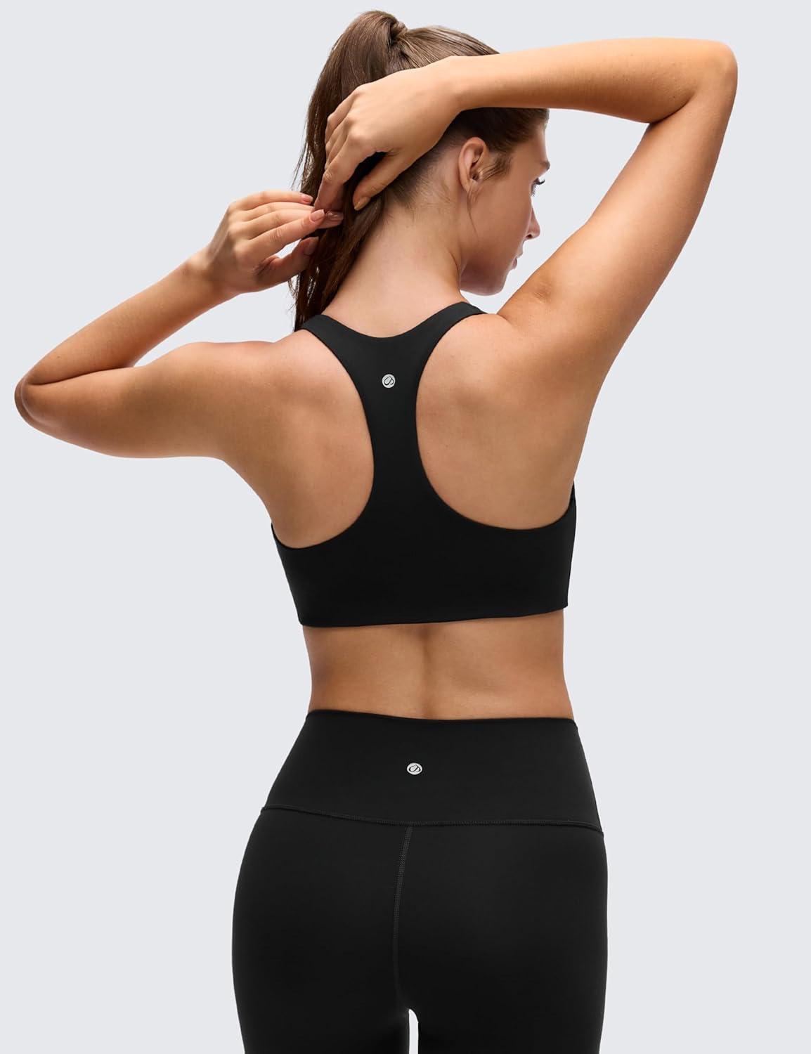 imageCRZ YOGA Butterluxe Racerback Sports Bras for Women V Neck Supportive Padded Wireless Athletic Yoga Crop TopBlack