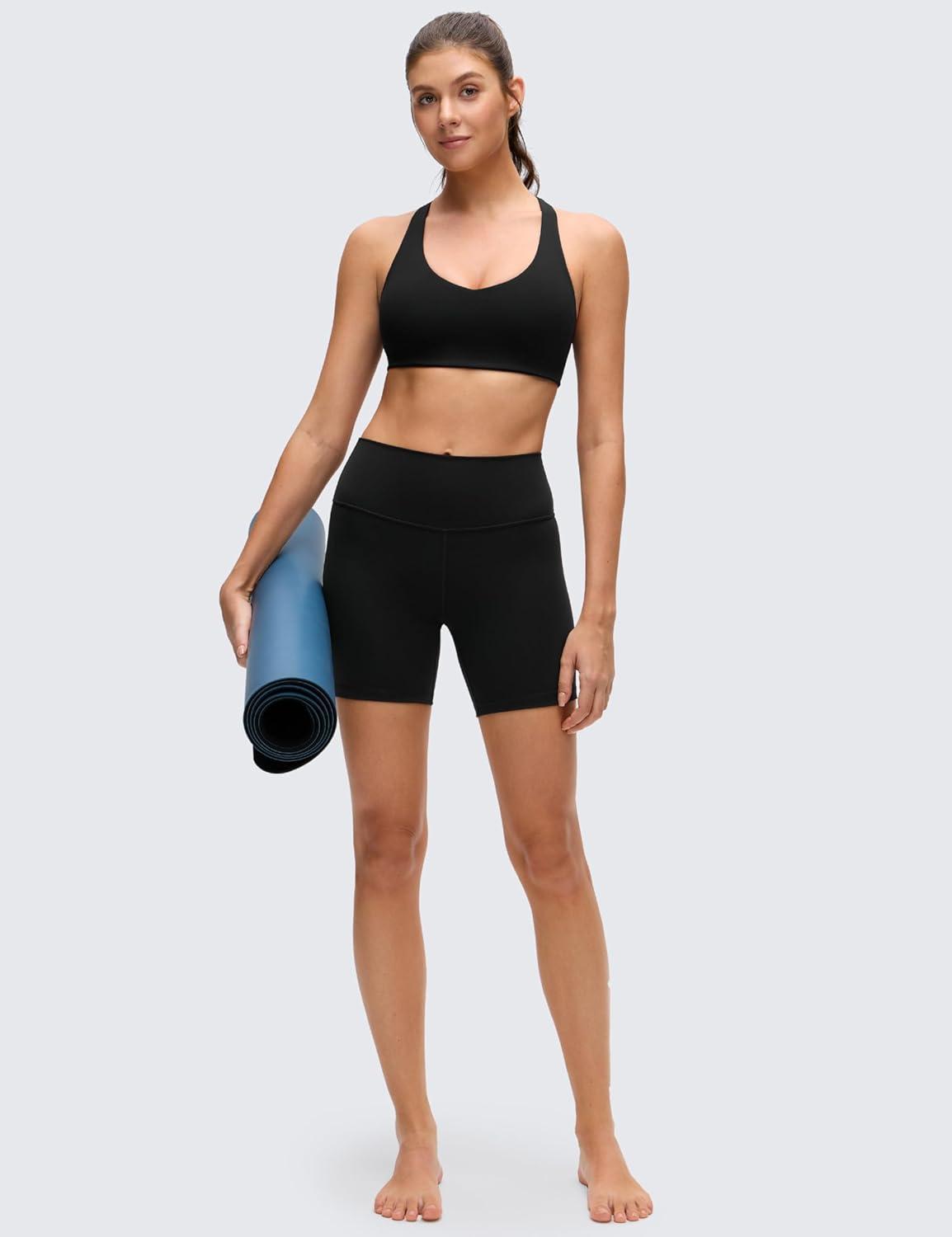 imageCRZ YOGA Butterluxe Racerback Sports Bras for Women V Neck Supportive Padded Wireless Athletic Yoga Crop TopBlack