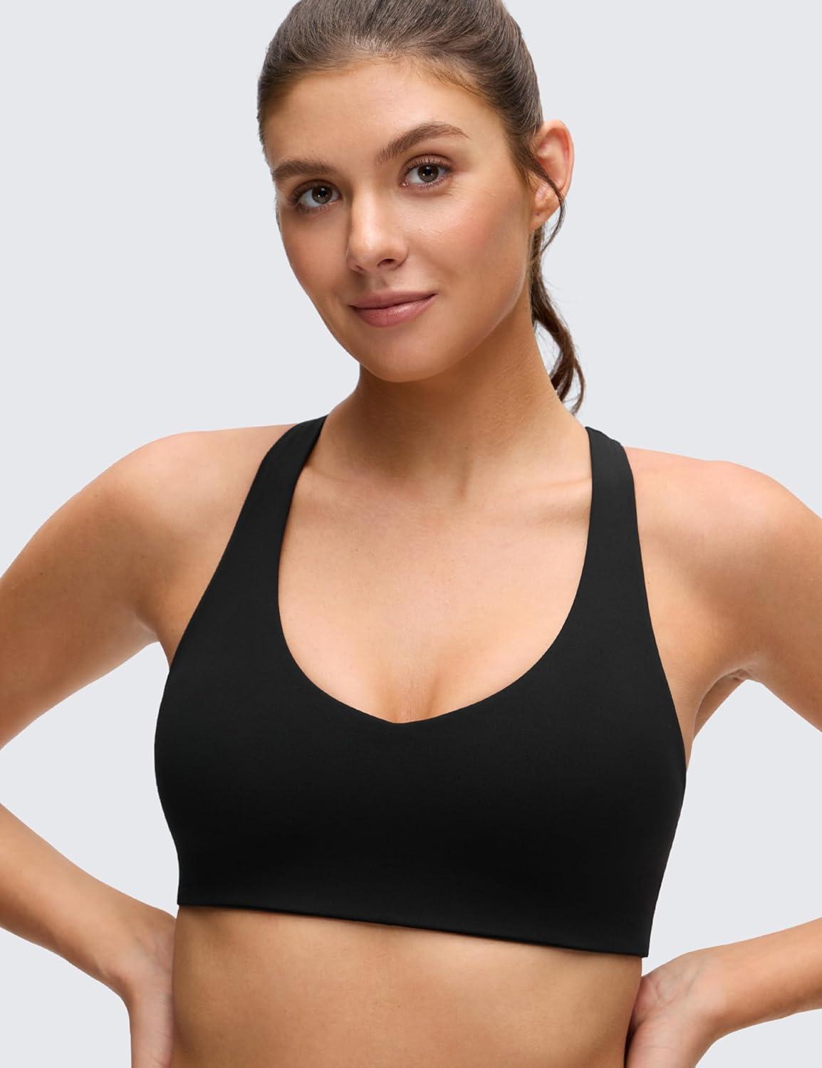 imageCRZ YOGA Butterluxe Racerback Sports Bras for Women V Neck Supportive Padded Wireless Athletic Yoga Crop TopBlack