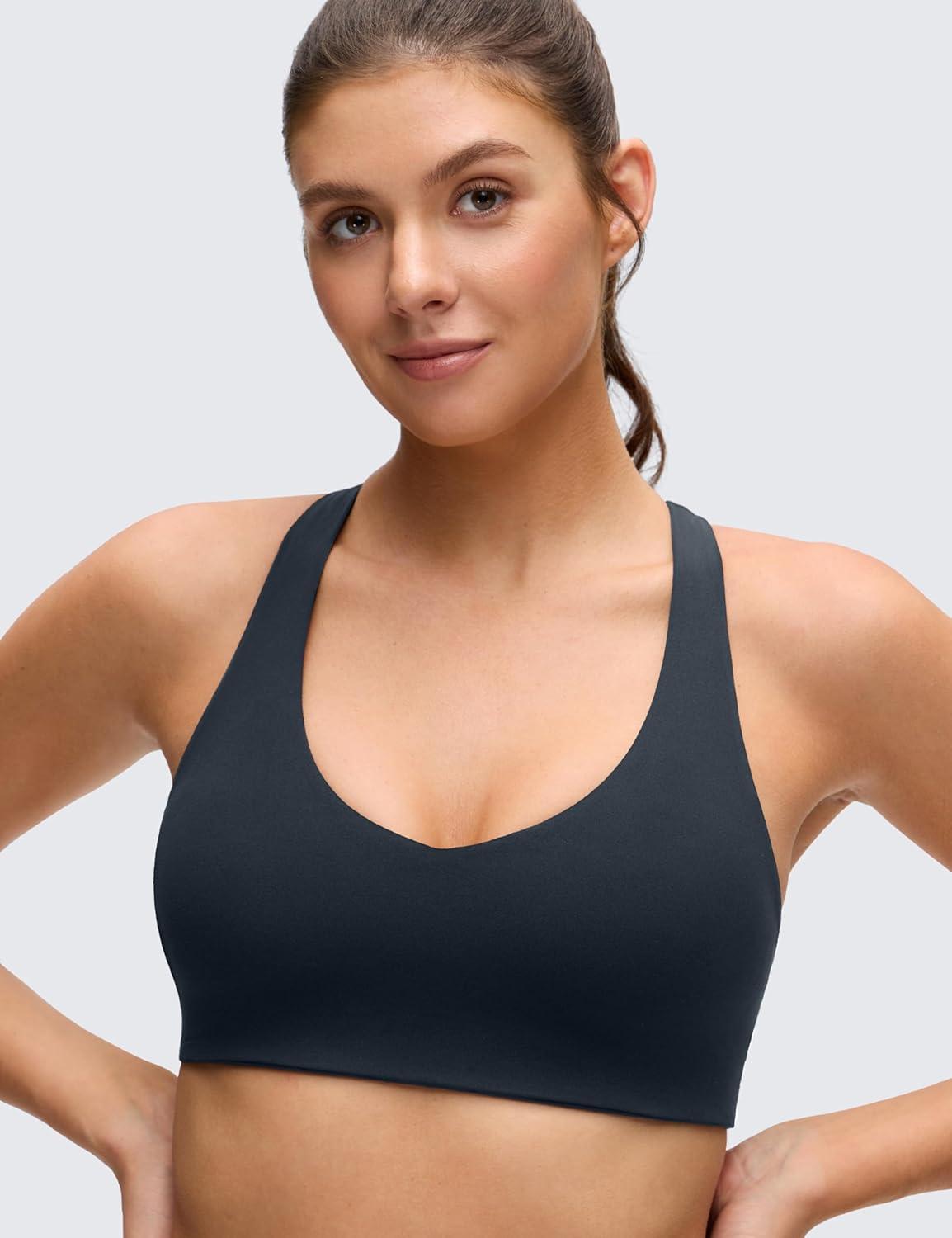 imageCRZ YOGA Butterluxe Racerback Sports Bras for Women V Neck Supportive Padded Wireless Athletic Yoga Crop TopTrue Navy