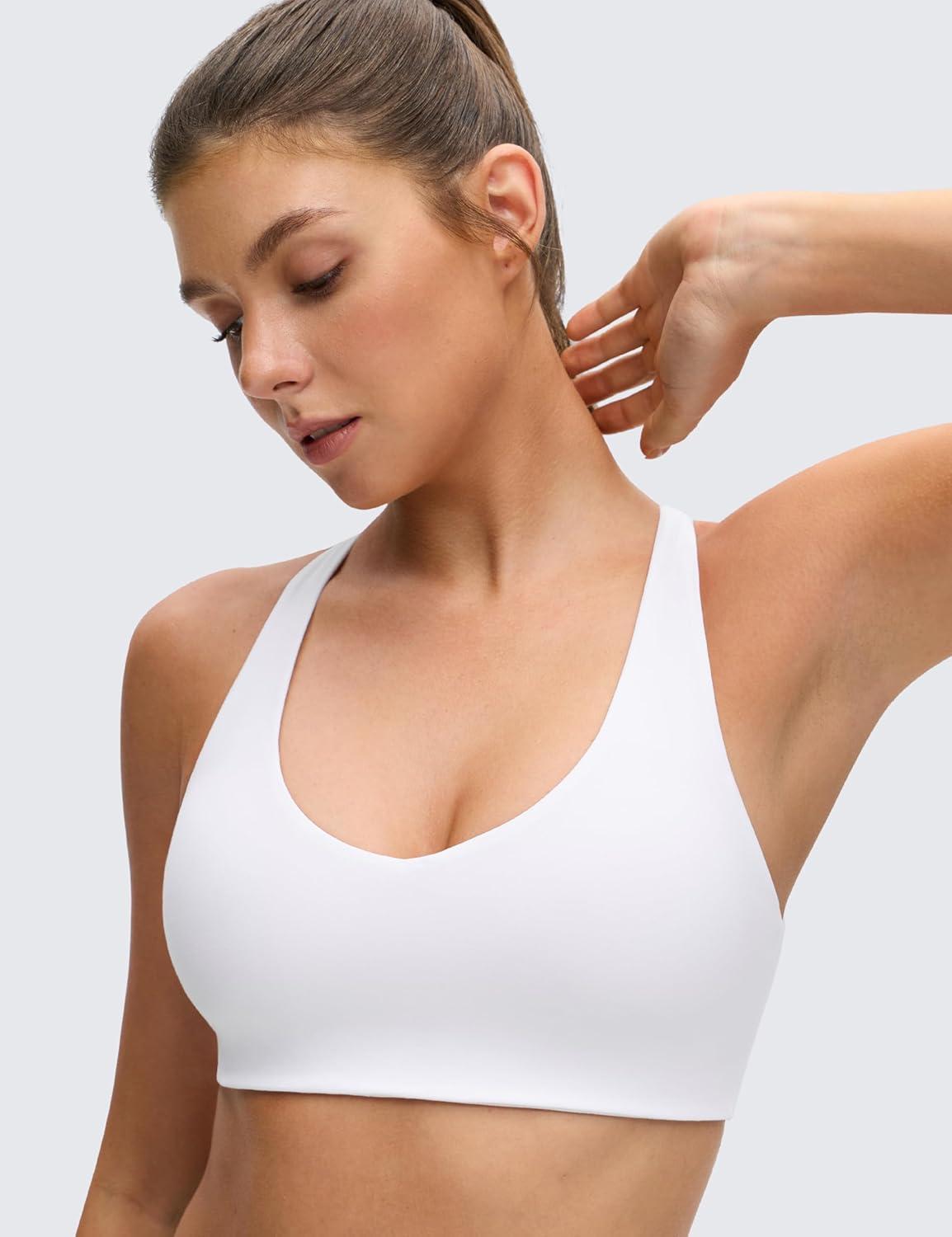 imageCRZ YOGA Butterluxe Racerback Sports Bras for Women V Neck Supportive Padded Wireless Athletic Yoga Crop TopWhite
