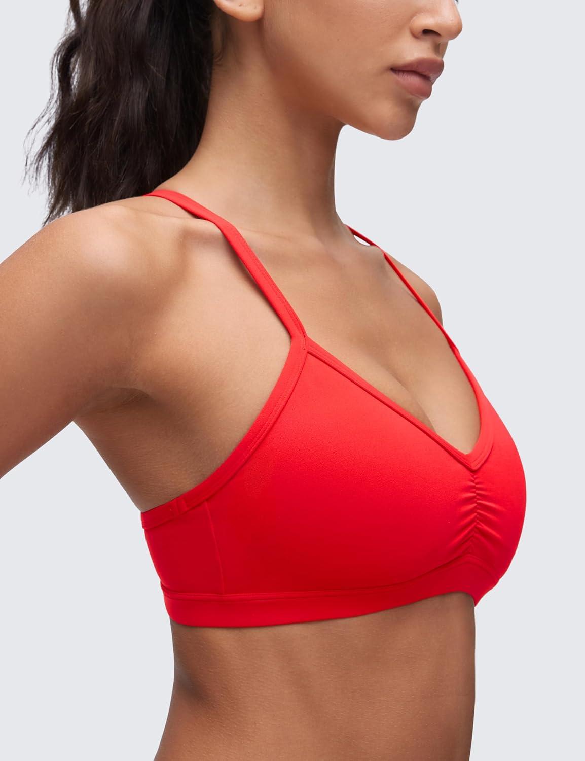 imageCRZ YOGA Butterluxe Ruched Sports Bras for Women V Neck Spaghetti Thin Strap Y Back Wireless Padded Yoga Crop TopDeep Red