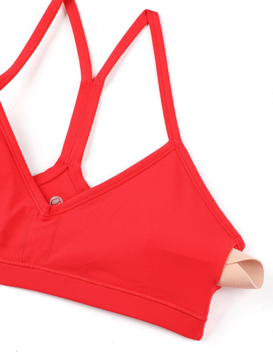 imageCRZ YOGA Butterluxe Ruched Sports Bras for Women V Neck Spaghetti Thin Strap Y Back Wireless Padded Yoga Crop TopDeep Red