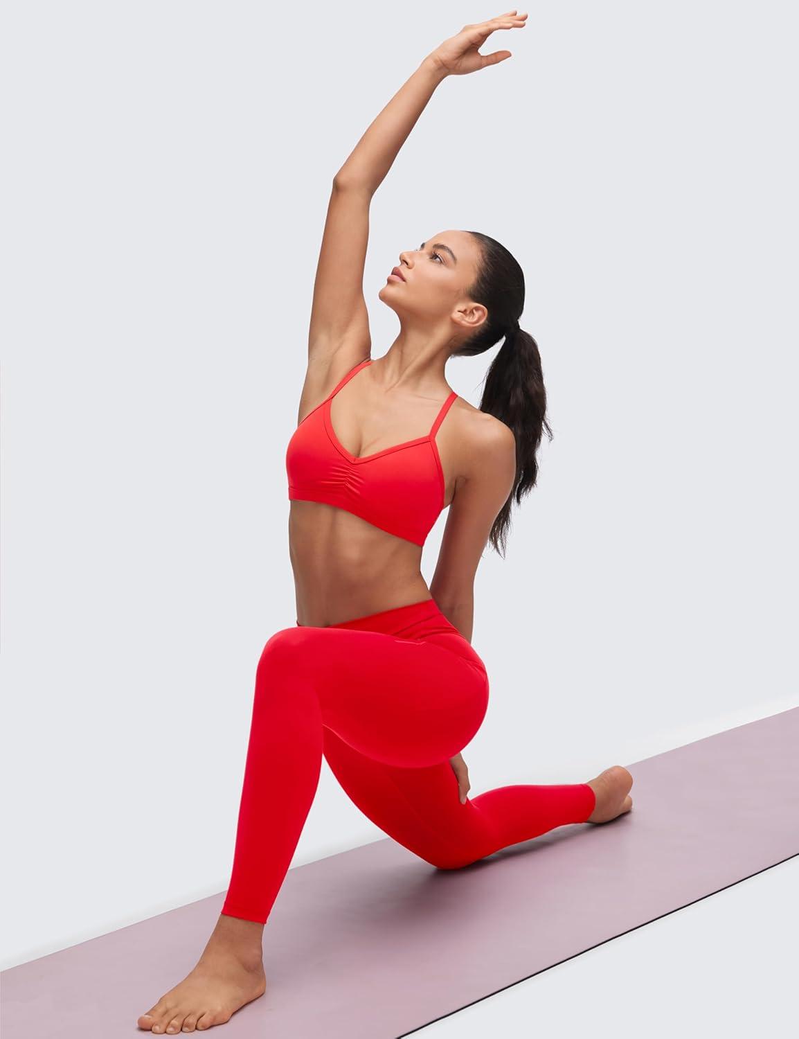 imageCRZ YOGA Butterluxe Ruched Sports Bras for Women V Neck Spaghetti Thin Strap Y Back Wireless Padded Yoga Crop TopDeep Red