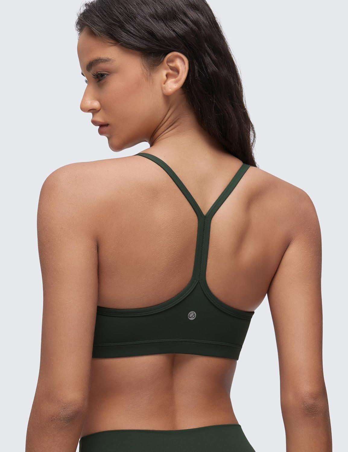 imageCRZ YOGA Butterluxe Ruched Sports Bras for Women V Neck Spaghetti Thin Strap Y Back Wireless Padded Yoga Crop TopLegend Green