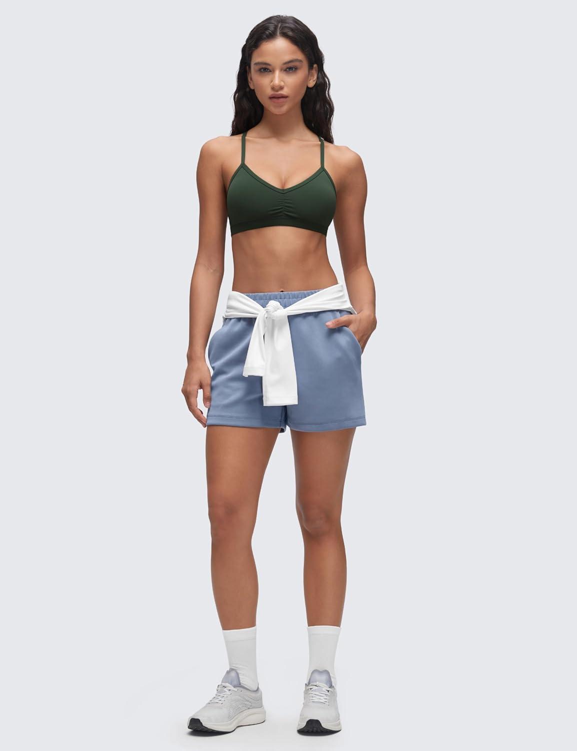 imageCRZ YOGA Butterluxe Ruched Sports Bras for Women V Neck Spaghetti Thin Strap Y Back Wireless Padded Yoga Crop TopLegend Green