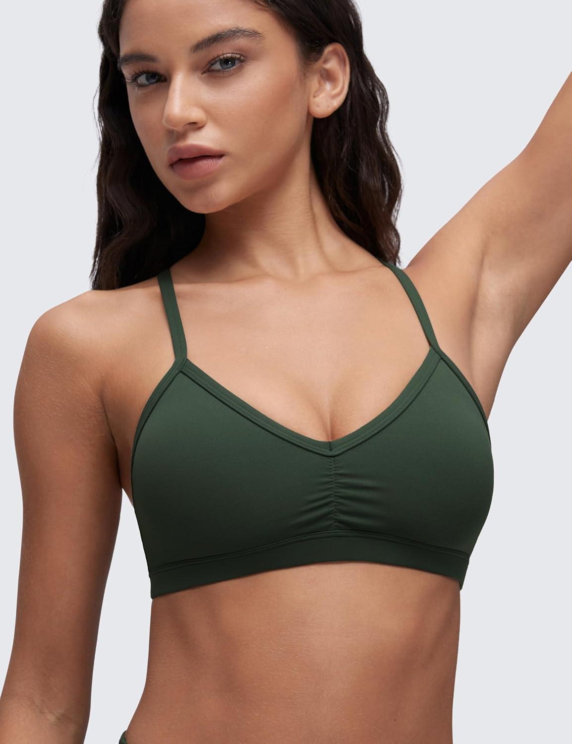 imageCRZ YOGA Butterluxe Ruched Sports Bras for Women V Neck Spaghetti Thin Strap Y Back Wireless Padded Yoga Crop TopLegend Green