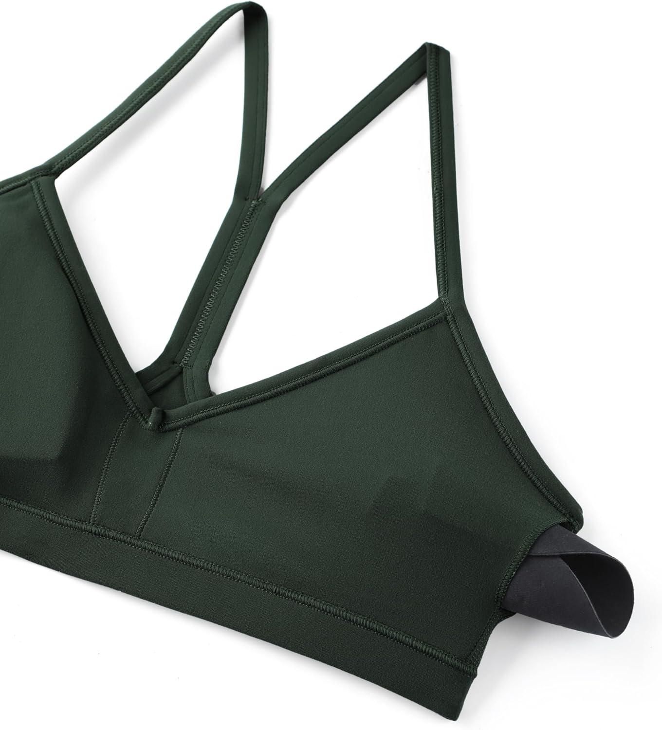 imageCRZ YOGA Butterluxe Ruched Sports Bras for Women V Neck Spaghetti Thin Strap Y Back Wireless Padded Yoga Crop TopLegend Green
