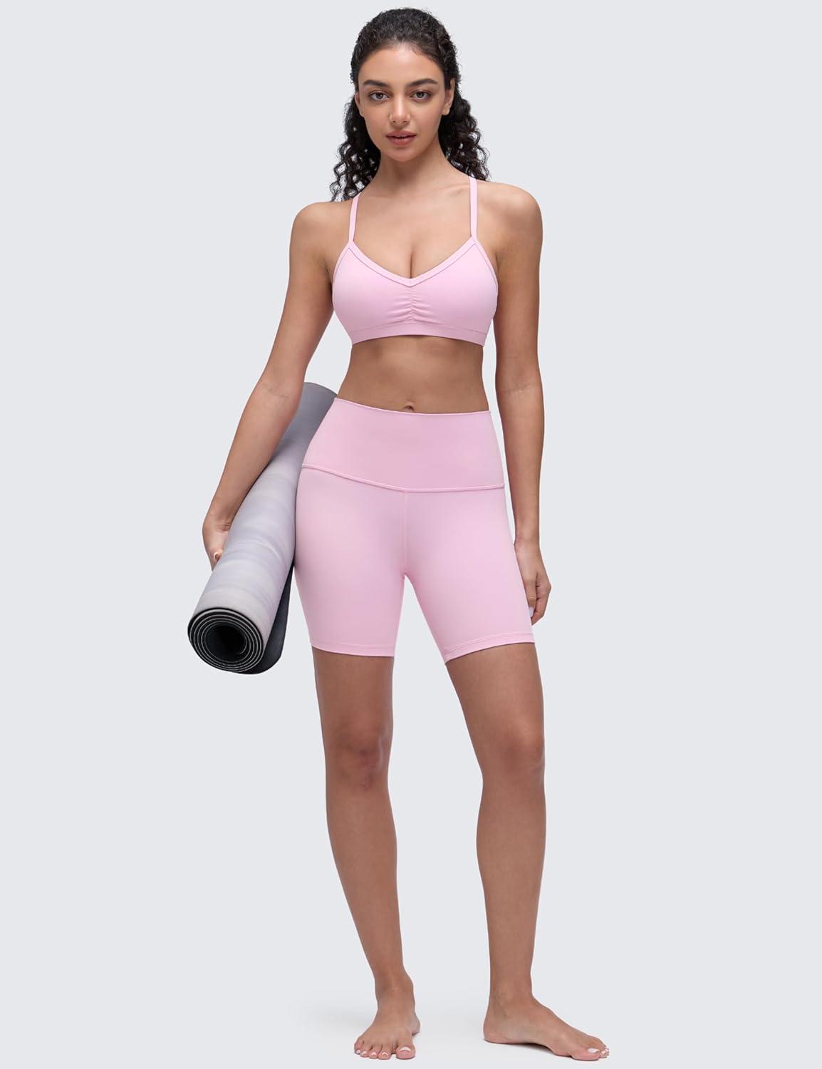 imageCRZ YOGA Butterluxe Ruched Sports Bras for Women V Neck Spaghetti Thin Strap Y Back Wireless Padded Yoga Crop TopVita Pink