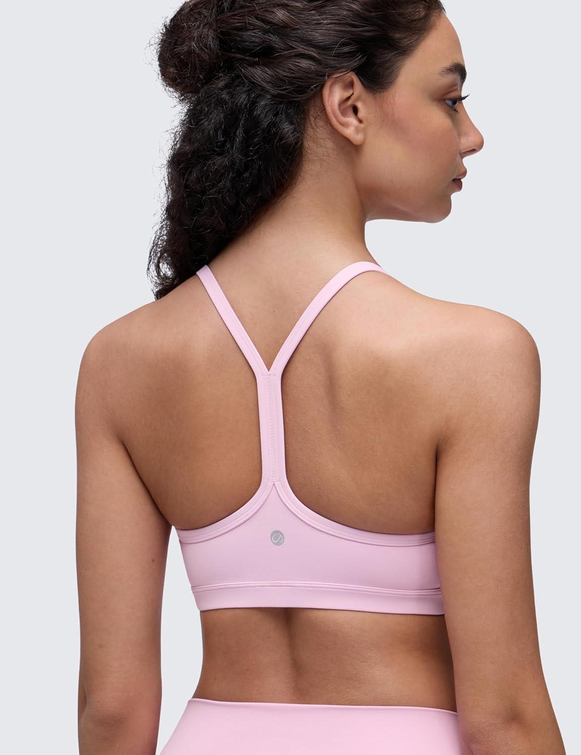 imageCRZ YOGA Butterluxe Ruched Sports Bras for Women V Neck Spaghetti Thin Strap Y Back Wireless Padded Yoga Crop TopVita Pink