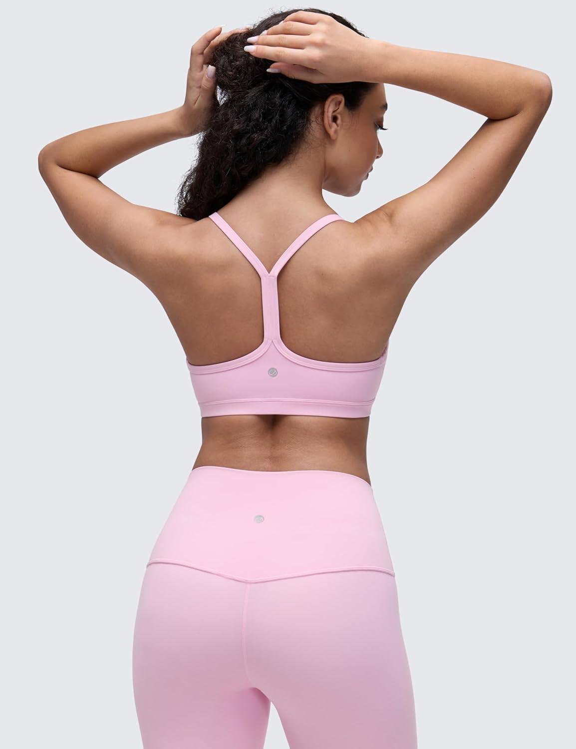 imageCRZ YOGA Butterluxe Ruched Sports Bras for Women V Neck Spaghetti Thin Strap Y Back Wireless Padded Yoga Crop TopVita Pink