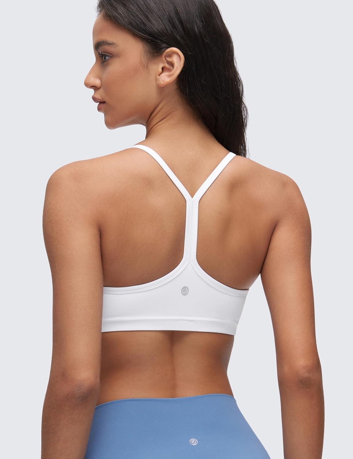 imageCRZ YOGA Butterluxe Ruched Sports Bras for Women V Neck Spaghetti Thin Strap Y Back Wireless Padded Yoga Crop TopWhite