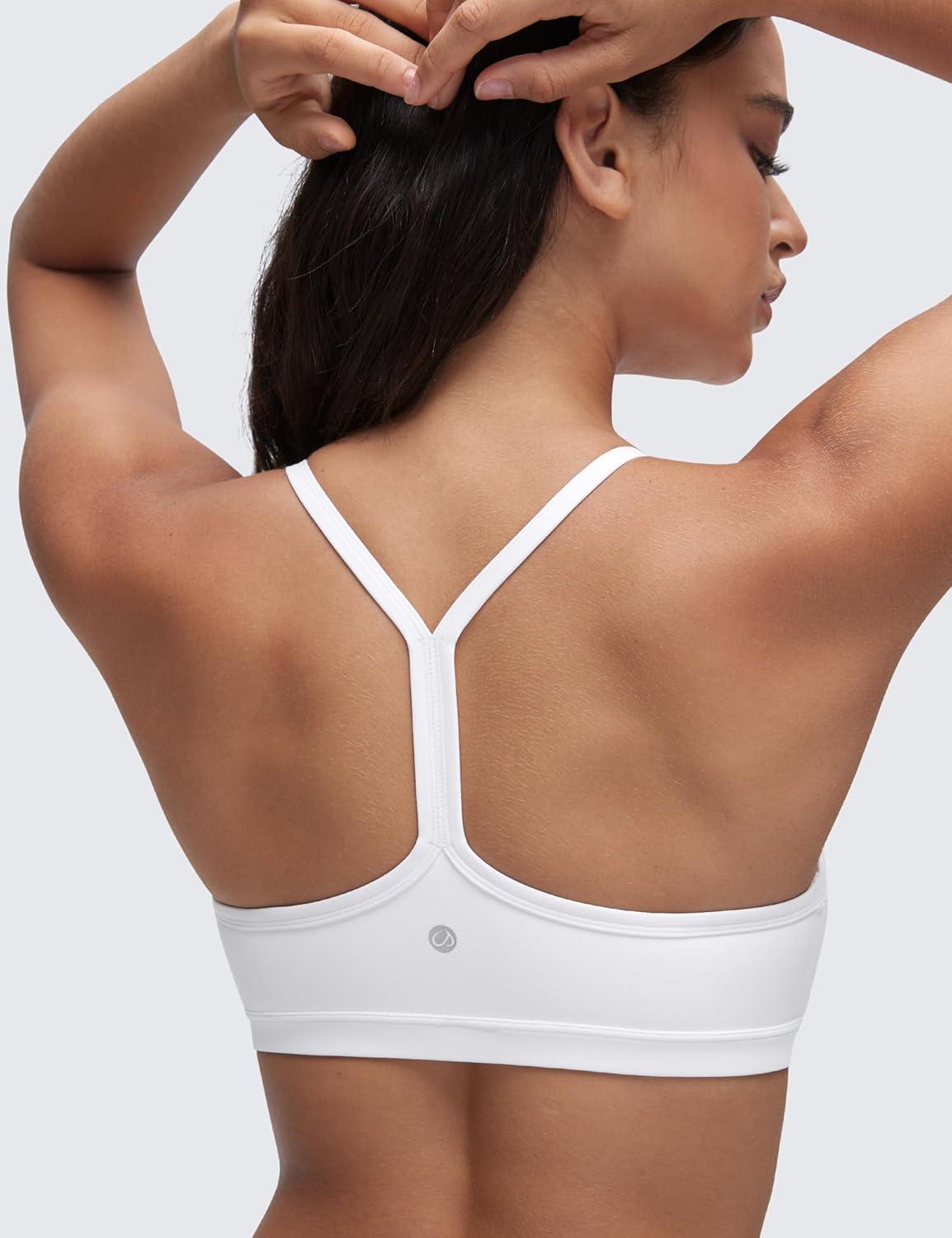 imageCRZ YOGA Butterluxe Ruched Sports Bras for Women V Neck Spaghetti Thin Strap Y Back Wireless Padded Yoga Crop TopWhite