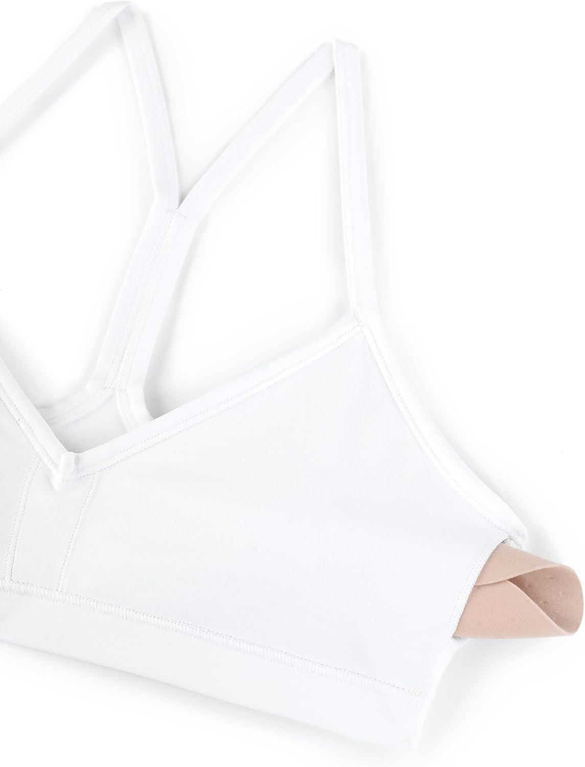 imageCRZ YOGA Butterluxe Ruched Sports Bras for Women V Neck Spaghetti Thin Strap Y Back Wireless Padded Yoga Crop TopWhite