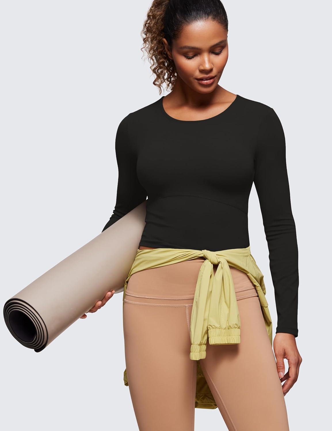 imageCRZ YOGA Butterluxe Scoop Neck Long Sleeve Shirts for Women Workout Athletic Casual Tops Crop Slim Basic Tight ShirtBlack
