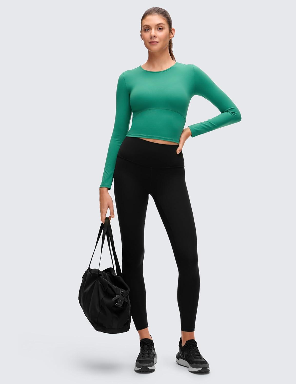 imageCRZ YOGA Butterluxe Scoop Neck Long Sleeve Shirts for Women Workout Athletic Casual Tops Crop Slim Basic Tight ShirtCascadia Green