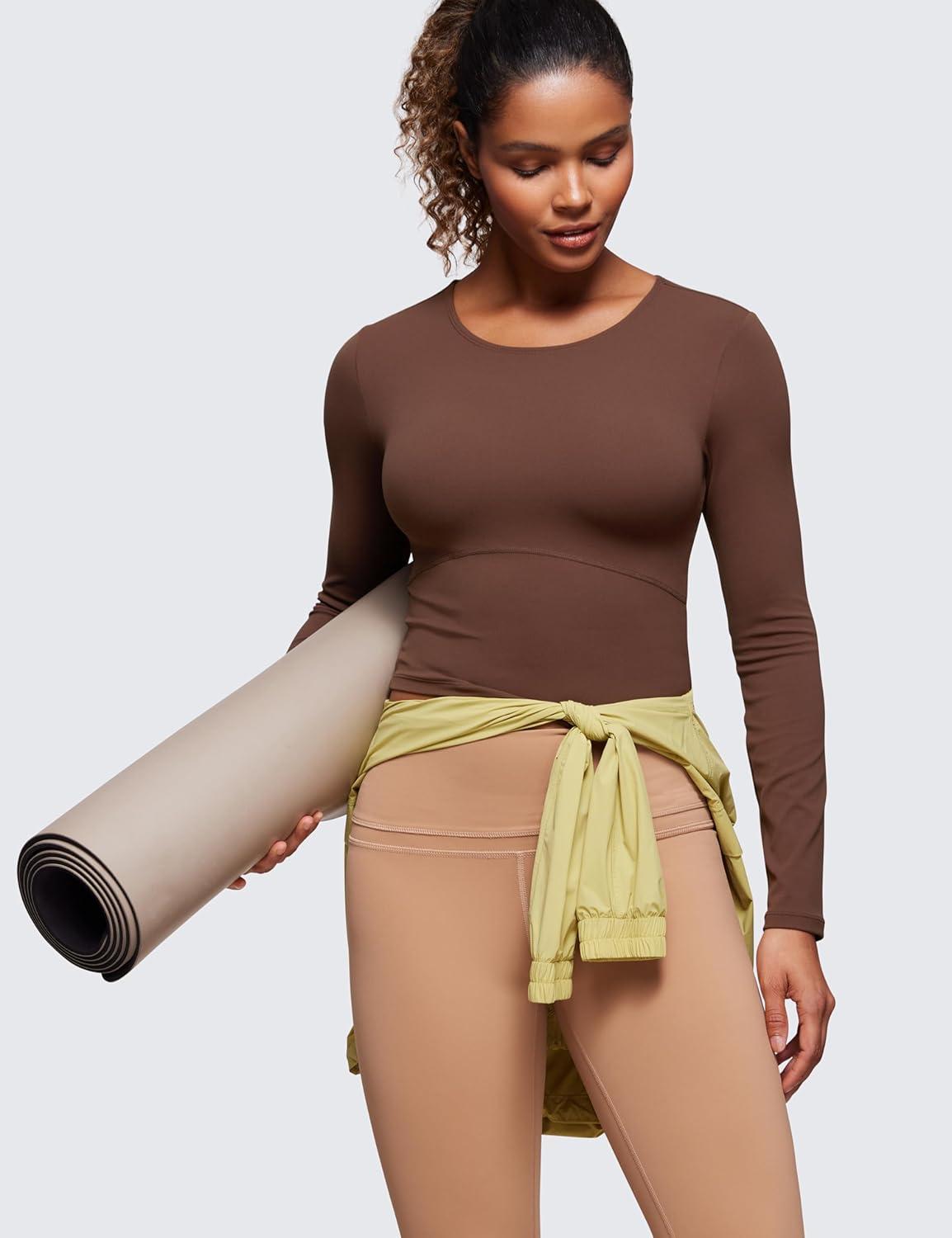 imageCRZ YOGA Butterluxe Scoop Neck Long Sleeve Shirts for Women Workout Athletic Casual Tops Crop Slim Basic Tight ShirtCoffee Brown