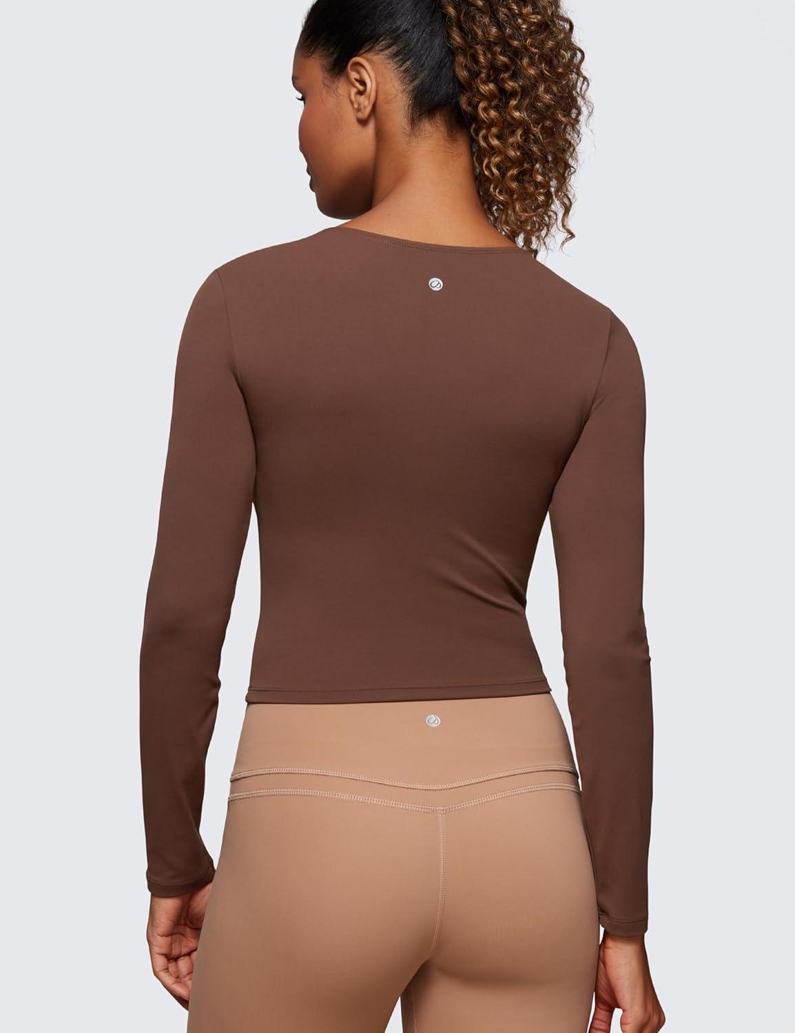 imageCRZ YOGA Butterluxe Scoop Neck Long Sleeve Shirts for Women Workout Athletic Casual Tops Crop Slim Basic Tight ShirtCoffee Brown