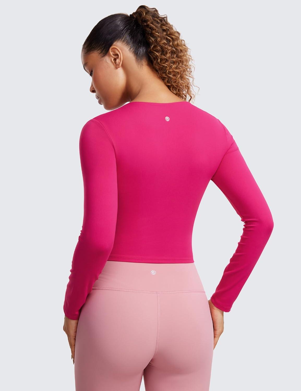 imageCRZ YOGA Butterluxe Scoop Neck Long Sleeve Shirts for Women Workout Athletic Casual Tops Crop Slim Basic Tight ShirtGranita Pink