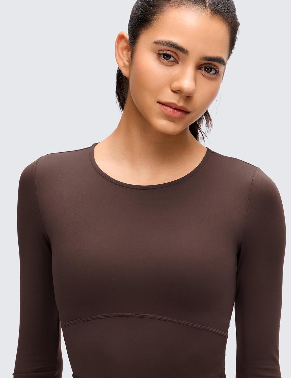 imageCRZ YOGA Butterluxe Scoop Neck Long Sleeve Shirts for Women Workout Athletic Casual Tops Crop Slim Basic Tight ShirtHot Fudge Brown