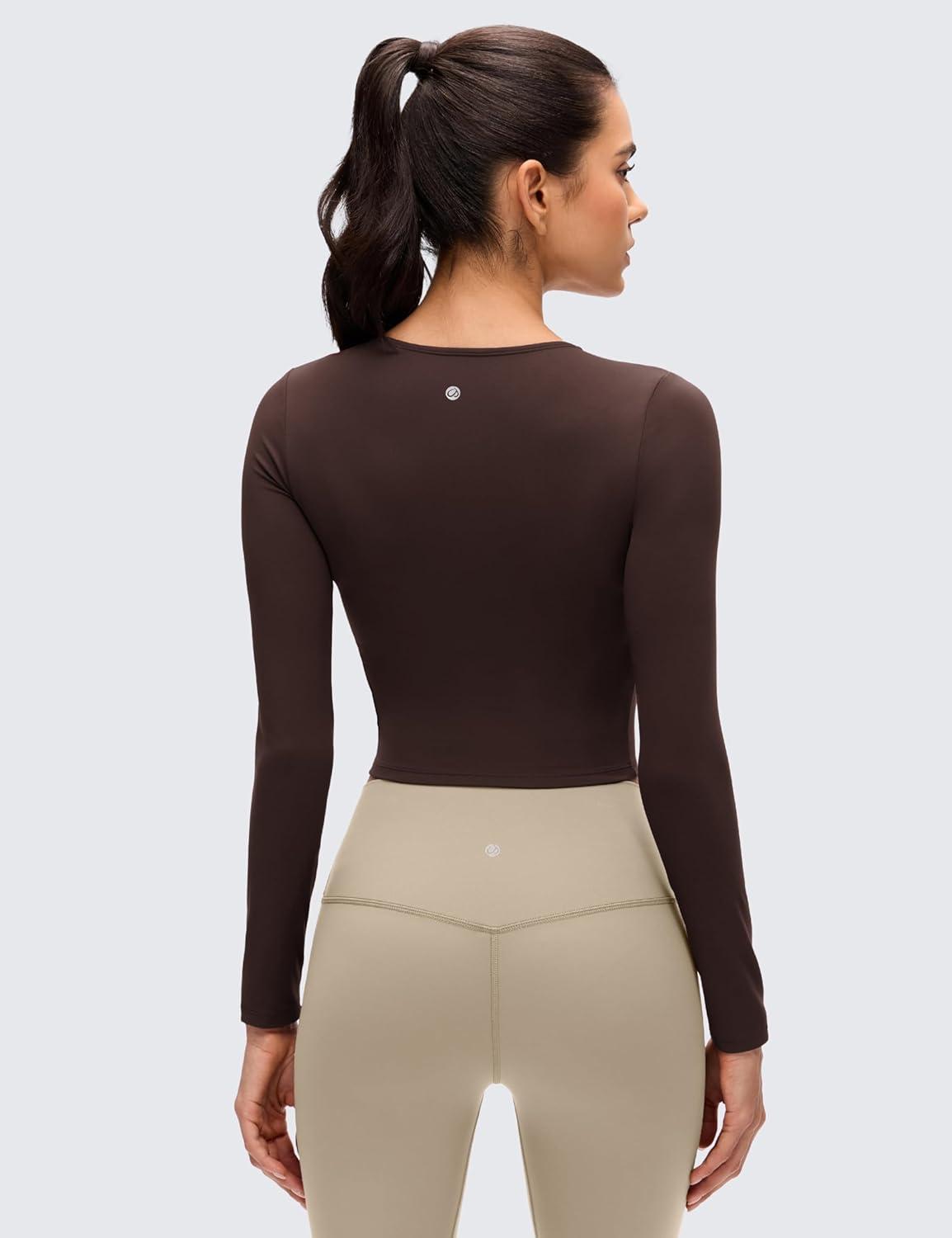 imageCRZ YOGA Butterluxe Scoop Neck Long Sleeve Shirts for Women Workout Athletic Casual Tops Crop Slim Basic Tight ShirtHot Fudge Brown