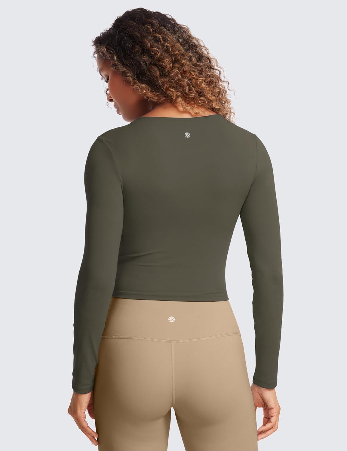 imageCRZ YOGA Butterluxe Scoop Neck Long Sleeve Shirts for Women Workout Athletic Casual Tops Crop Slim Basic Tight ShirtLight Army Green