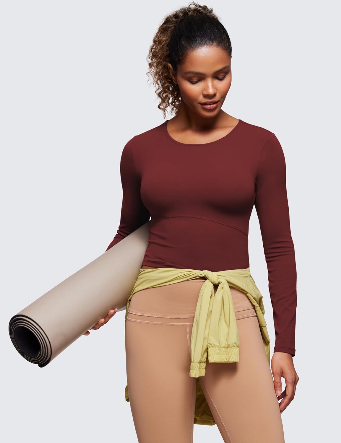 imageCRZ YOGA Butterluxe Scoop Neck Long Sleeve Shirts for Women Workout Athletic Casual Tops Crop Slim Basic Tight ShirtNoctilucence Red