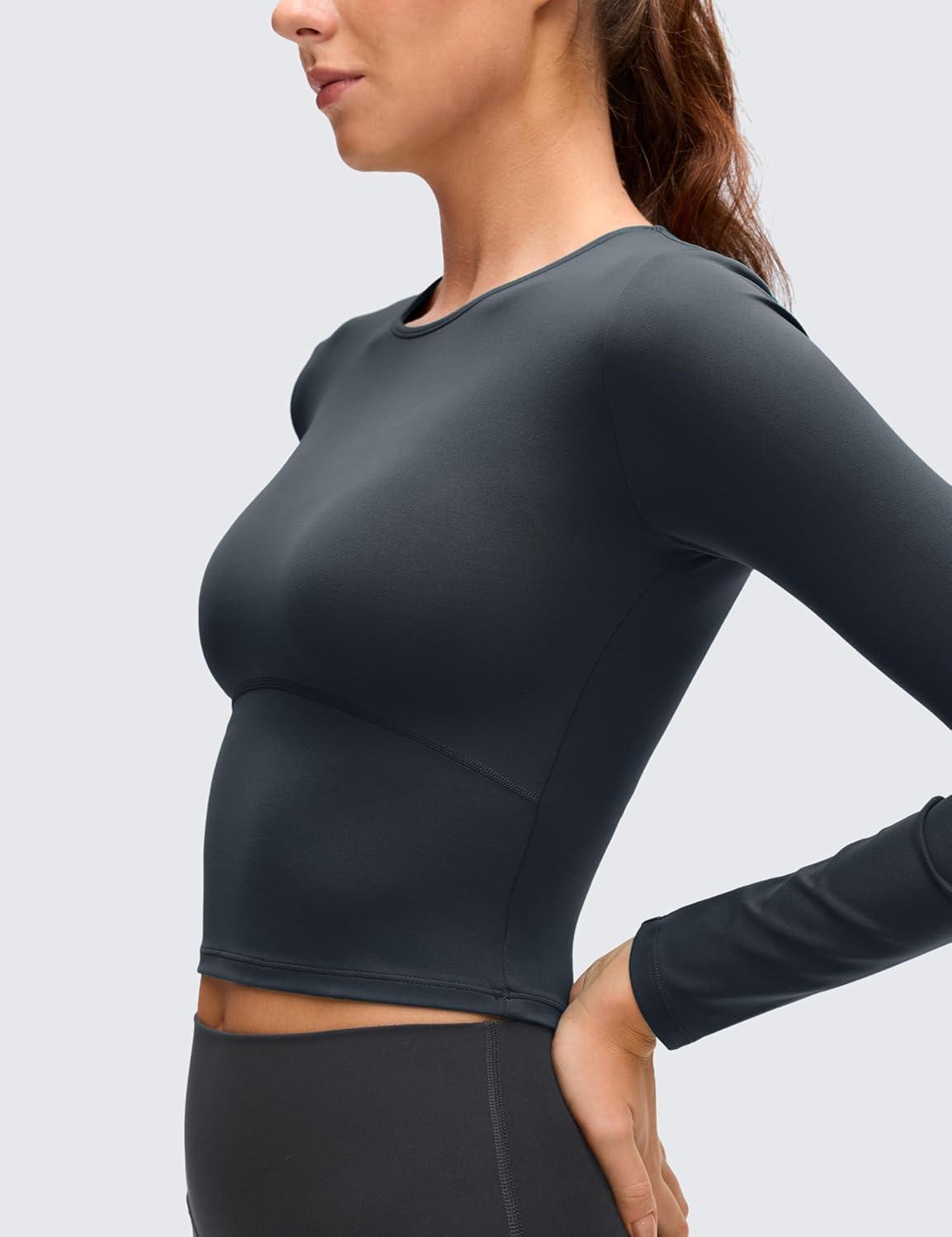 imageCRZ YOGA Butterluxe Scoop Neck Long Sleeve Shirts for Women Workout Athletic Casual Tops Crop Slim Basic Tight ShirtTrue Navy