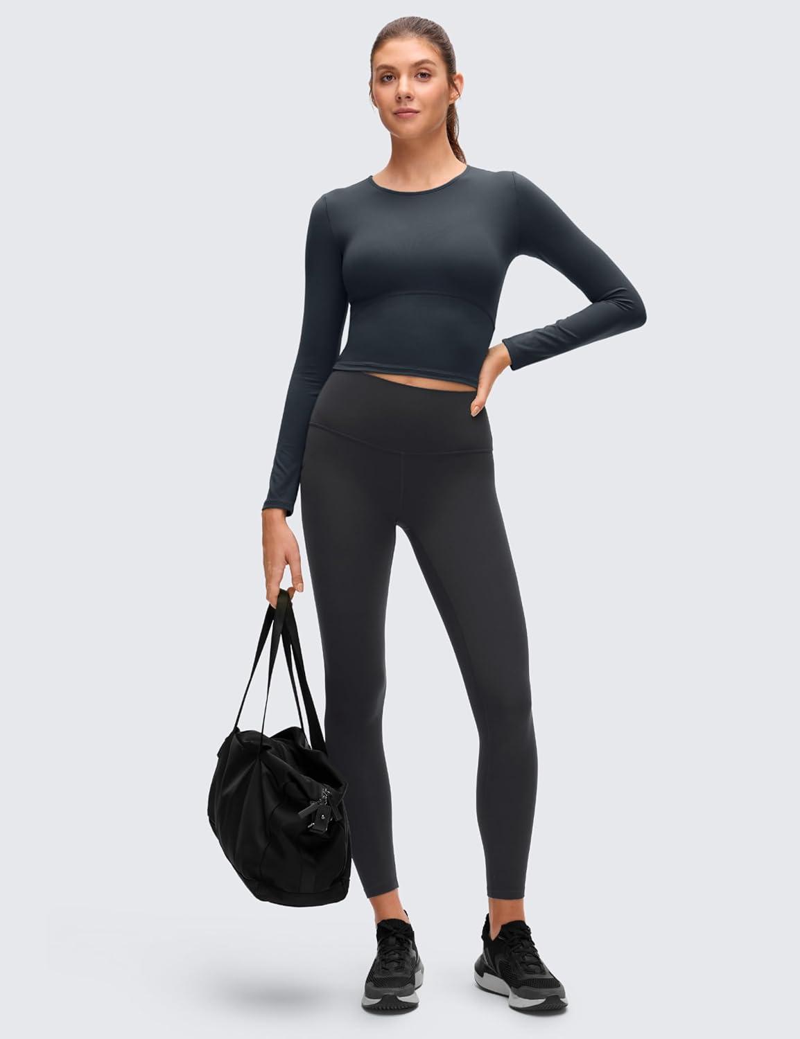 imageCRZ YOGA Butterluxe Scoop Neck Long Sleeve Shirts for Women Workout Athletic Casual Tops Crop Slim Basic Tight ShirtTrue Navy