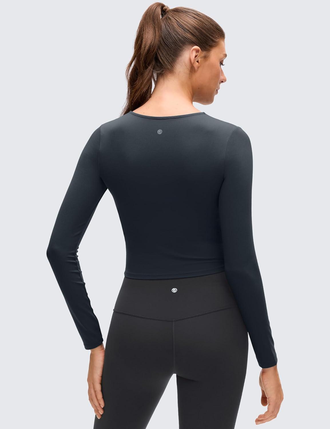 imageCRZ YOGA Butterluxe Scoop Neck Long Sleeve Shirts for Women Workout Athletic Casual Tops Crop Slim Basic Tight ShirtTrue Navy
