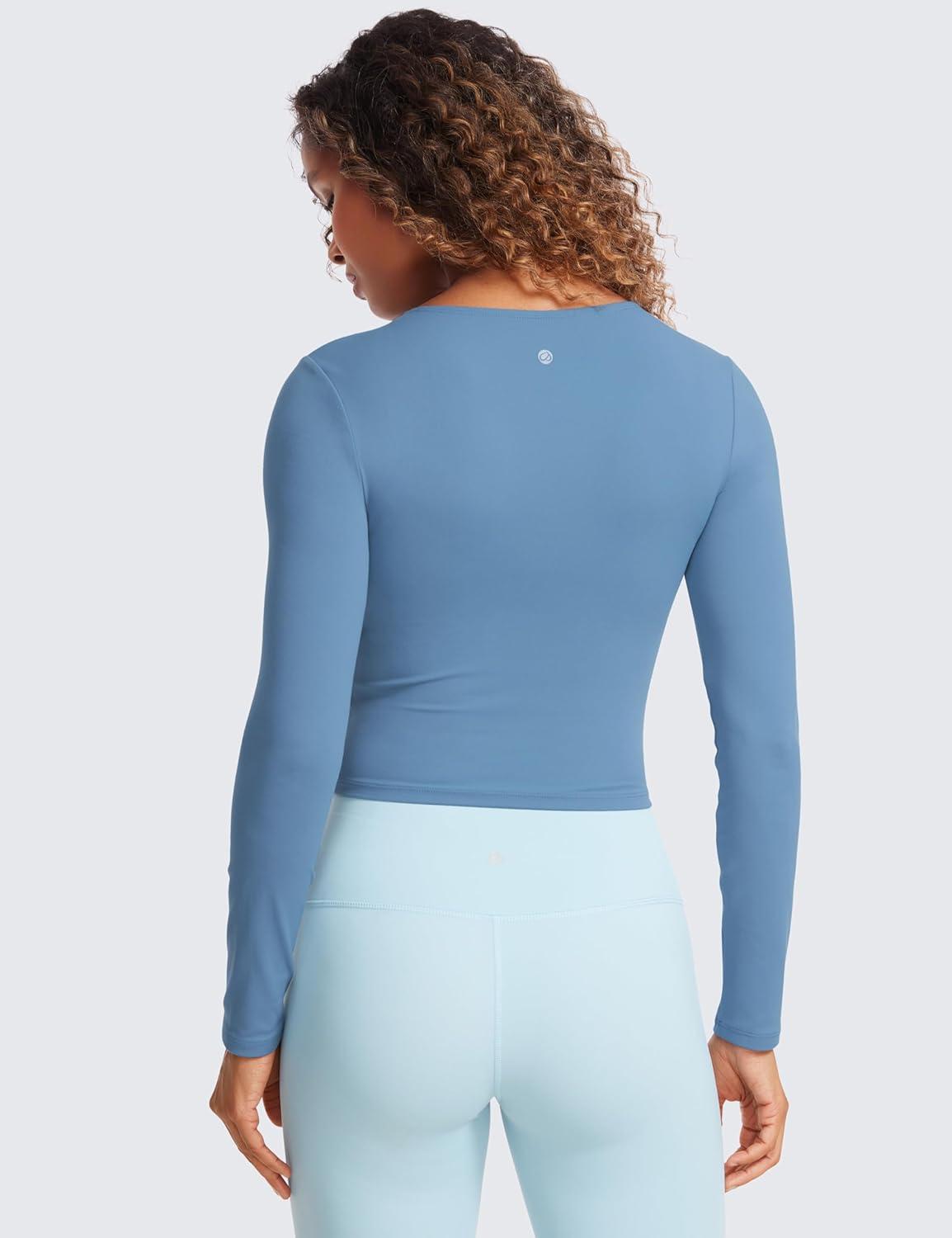 imageCRZ YOGA Butterluxe Scoop Neck Long Sleeve Shirts for Women Workout Athletic Casual Tops Crop Slim Basic Tight ShirtUniverse Blue