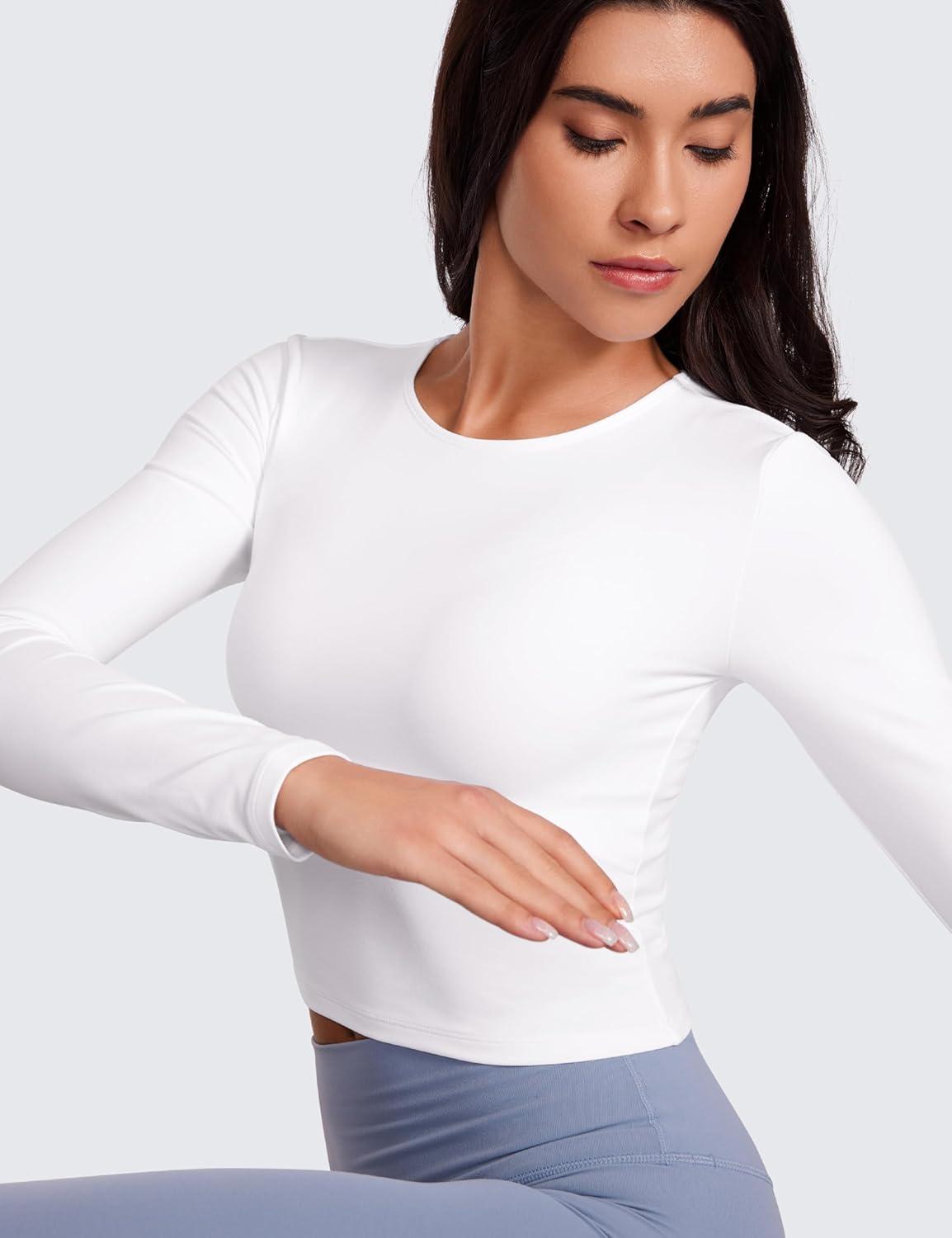 imageCRZ YOGA Butterluxe Scoop Neck Long Sleeve Shirts for Women Workout Athletic Casual Tops Crop Slim Basic Tight ShirtWhite