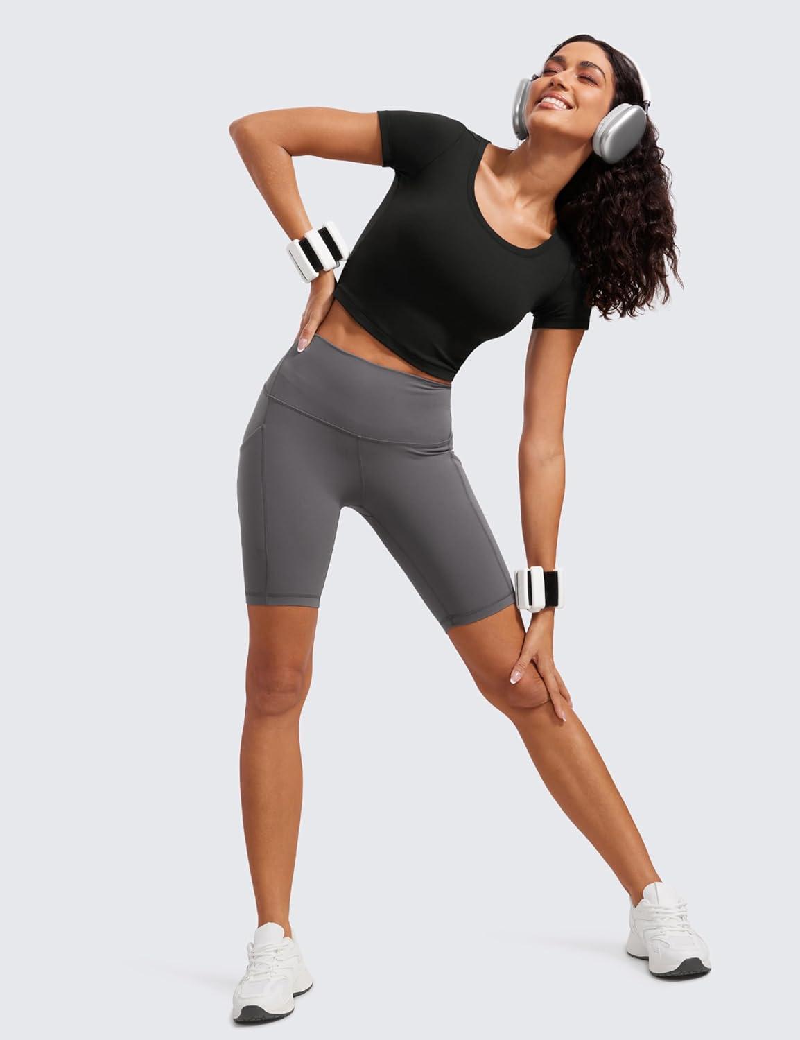 imageCRZ YOGA Butterluxe Short Sleeve Shirts for Women Scoop Neck Casual Crop Tops Workout Yoga Basic Slim Fit TShirtsBlack