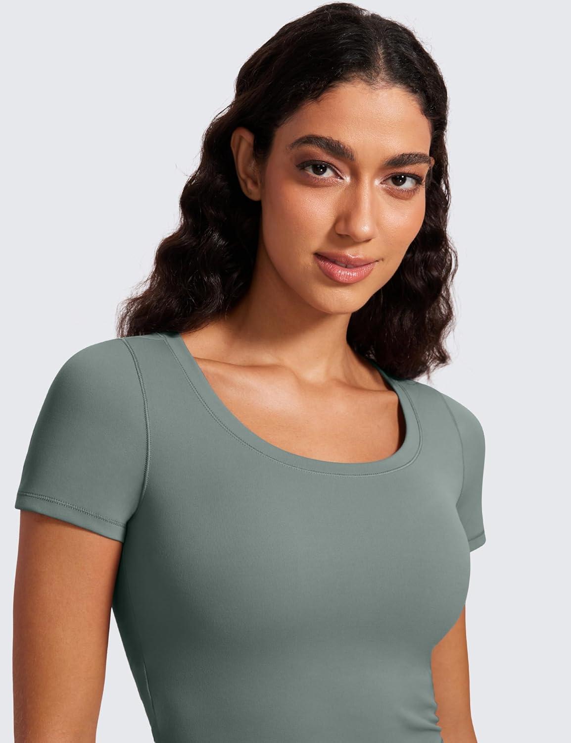 imageCRZ YOGA Butterluxe Short Sleeve Shirts for Women Scoop Neck Casual Crop Tops Workout Yoga Basic Slim Fit TShirtsGrey Sage