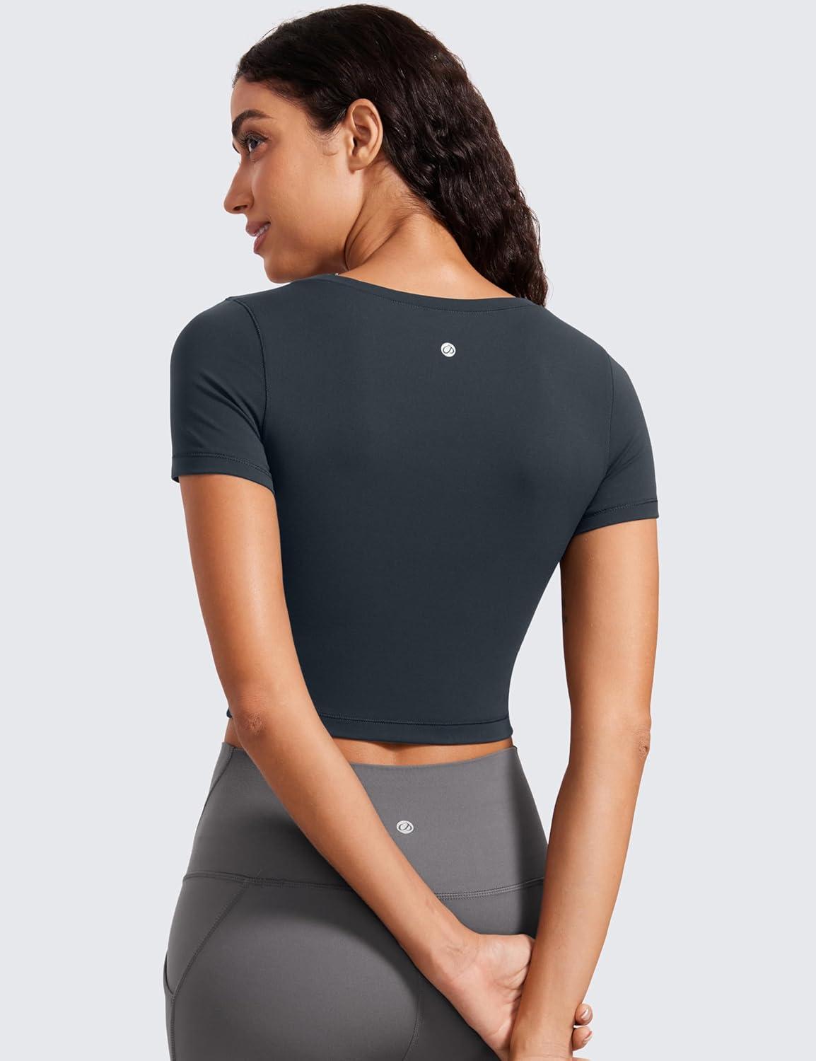 imageCRZ YOGA Butterluxe Short Sleeve Shirts for Women Scoop Neck Casual Crop Tops Workout Yoga Basic Slim Fit TShirtsTrue Navy