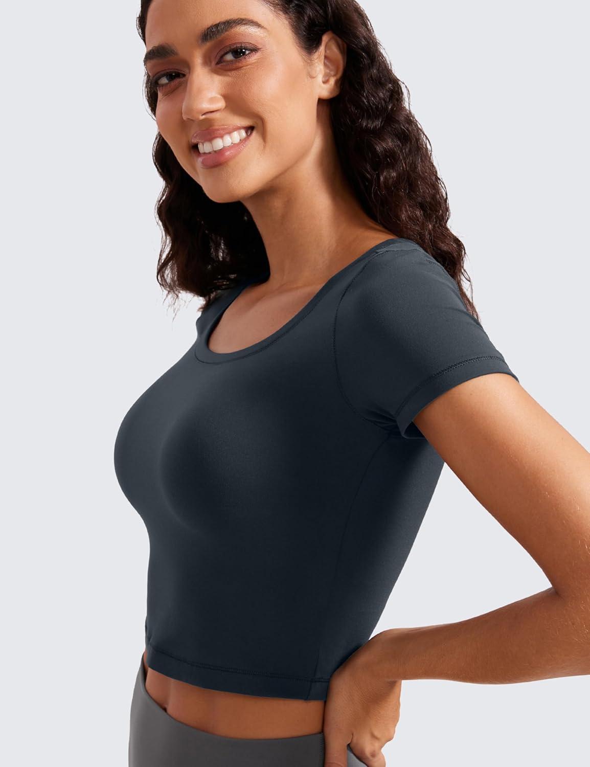 imageCRZ YOGA Butterluxe Short Sleeve Shirts for Women Scoop Neck Casual Crop Tops Workout Yoga Basic Slim Fit TShirtsTrue Navy