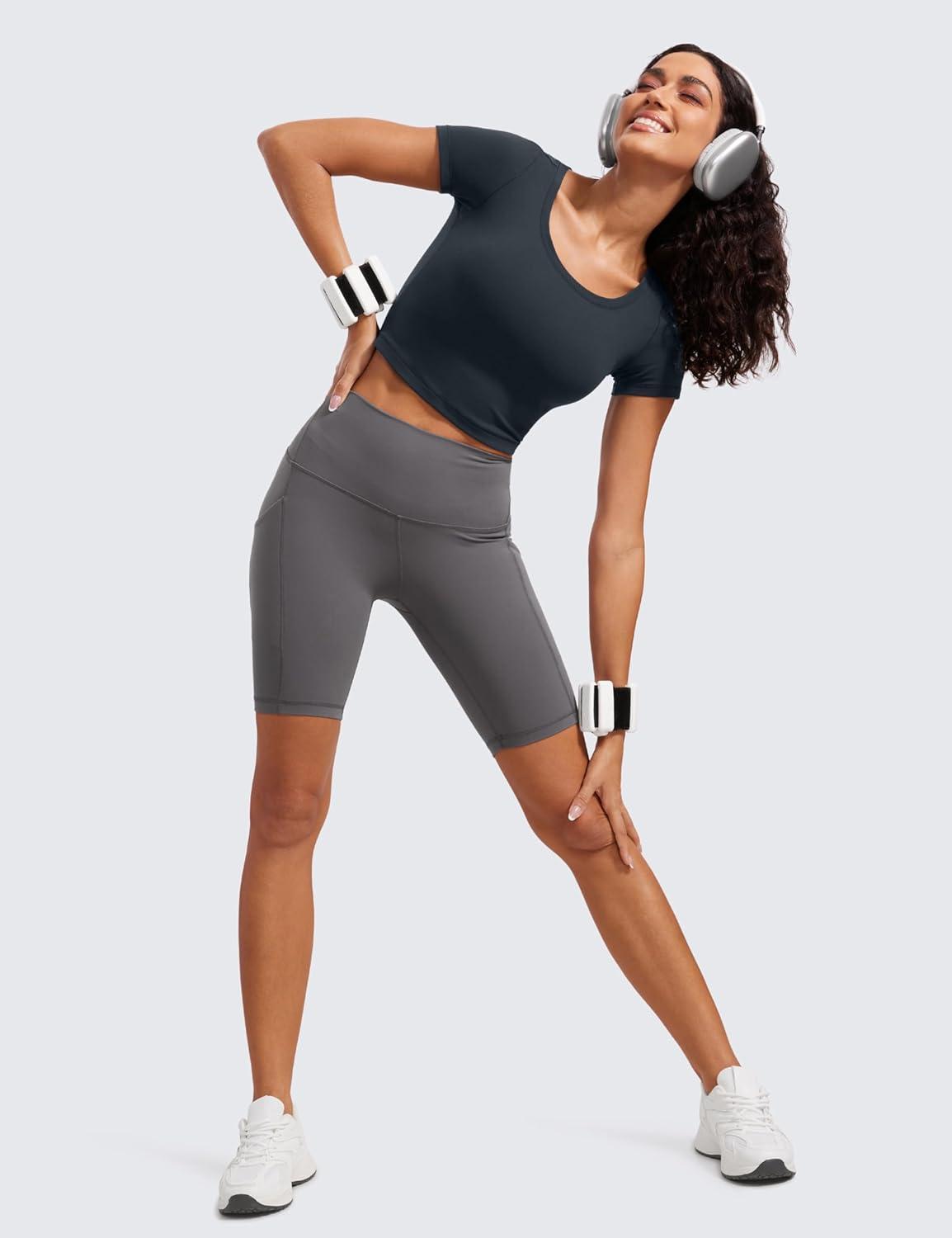 imageCRZ YOGA Butterluxe Short Sleeve Shirts for Women Scoop Neck Casual Crop Tops Workout Yoga Basic Slim Fit TShirtsTrue Navy