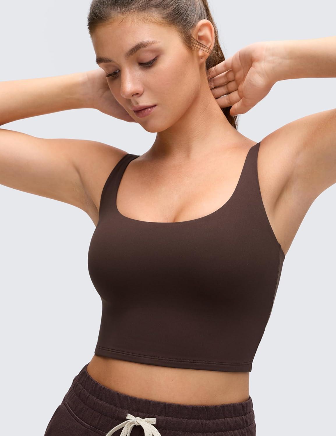 imageCRZ YOGA Butterluxe Soft Double Lined Cami Tank Tops for Women Yoga Casual Going Out Crop Square Neck Sleeveless ShirtsHot Fudge Brown