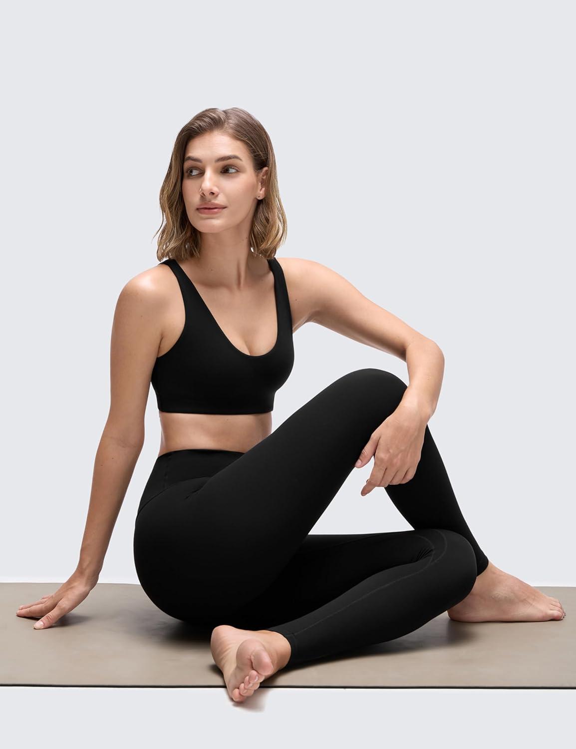 imageCRZ YOGA Butterluxe Soft Double Lined Sports Bras for Women Scoop Neck Adjustable Straps Yoga Crop Top Non PaddedBlack