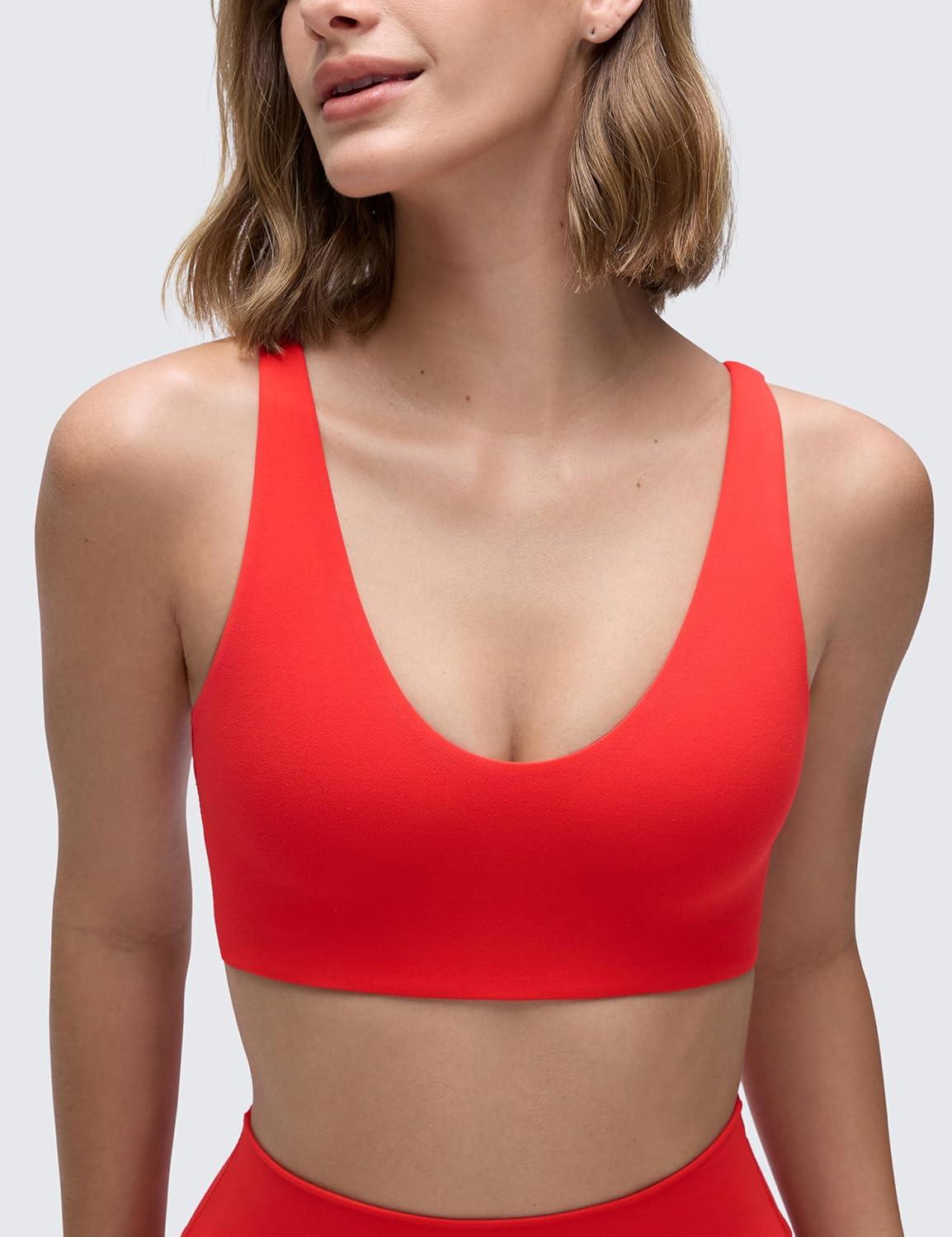 imageCRZ YOGA Butterluxe Soft Double Lined Sports Bras for Women Scoop Neck Adjustable Straps Yoga Crop Top Non PaddedDeep Red