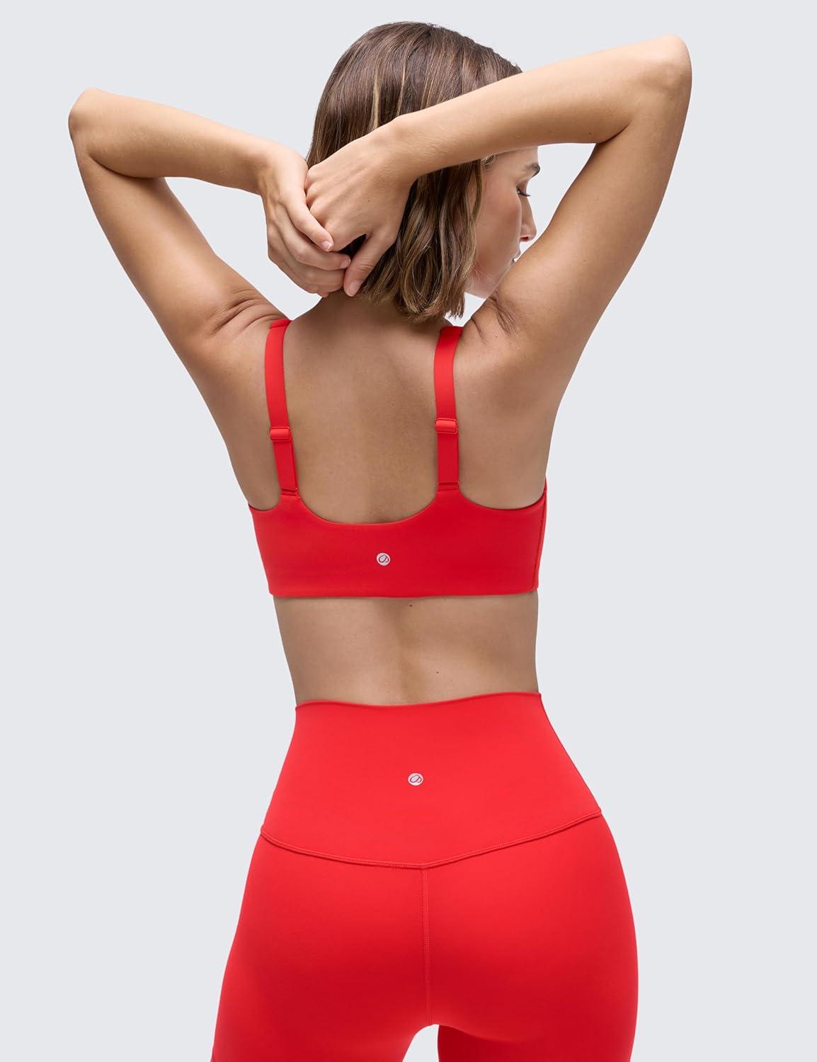 imageCRZ YOGA Butterluxe Soft Double Lined Sports Bras for Women Scoop Neck Adjustable Straps Yoga Crop Top Non PaddedDeep Red