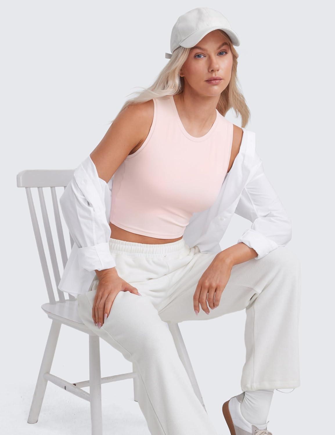 imageCRZ YOGA Butterluxe Soft Double Lined Tank Tops for Women Yoga Workout Casual Going Out High Neck Basic Sleeveless ShirtStrawberry Pink