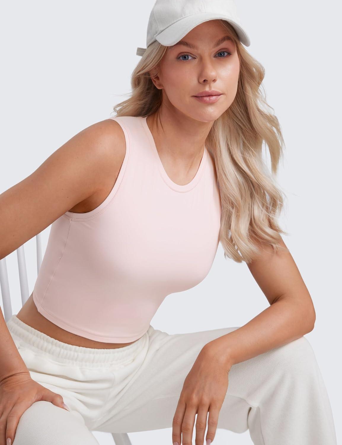 imageCRZ YOGA Butterluxe Soft Double Lined Tank Tops for Women Yoga Workout Casual Going Out High Neck Basic Sleeveless ShirtStrawberry Pink