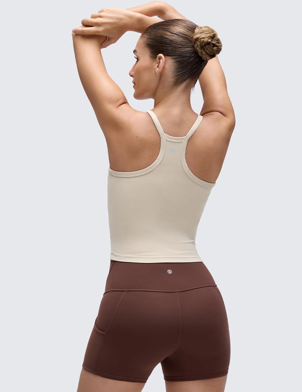 imageCRZ YOGA Butterluxe Soft Double Lined V Neck Tank Tops for Women Yoga Casual Camisole Racerback Tight Sleeveless ShirtMojave Tan